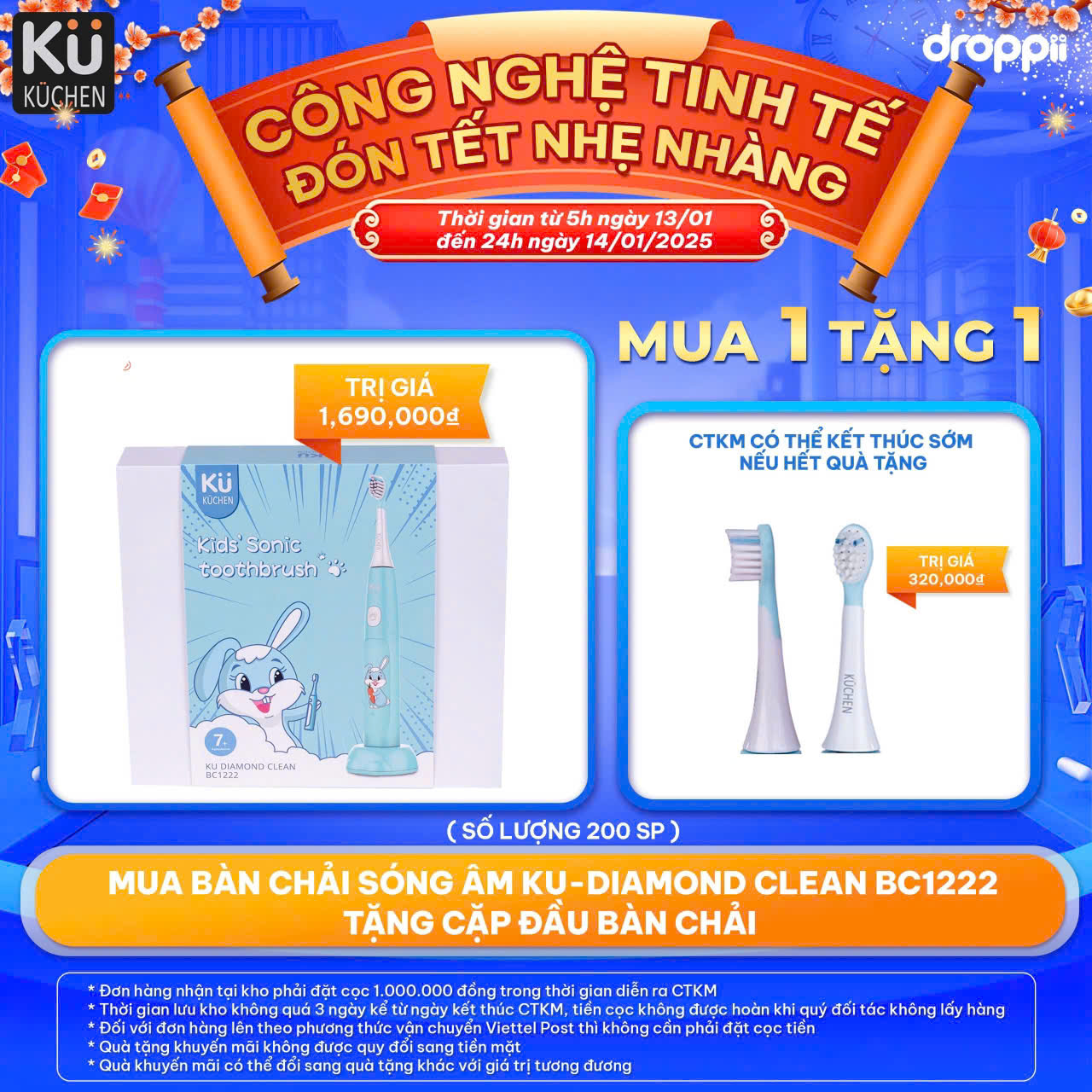 Bàn chải đánh răng điện dành cho bé/ trẻ em sóng âm cao cấp-3 chế độ làm sạch-sạc không dây-chống nước Kuchen KU BC1222